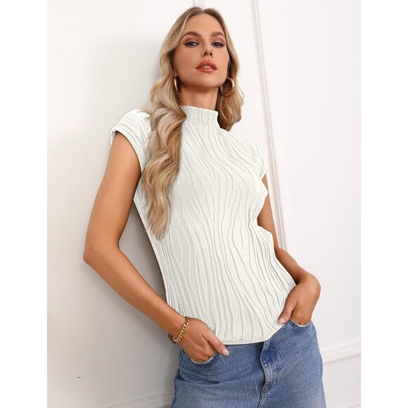 Women's White Cap Sleeve Knit Sweater Top Casual Crew Neck Loose Fit Lightweight - Picture 4 of 7